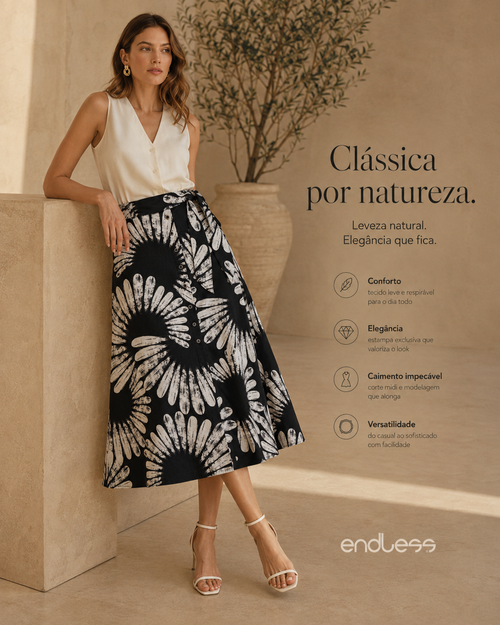 Saia Feminina Midi Evasê Linho Estampada Endless E16040