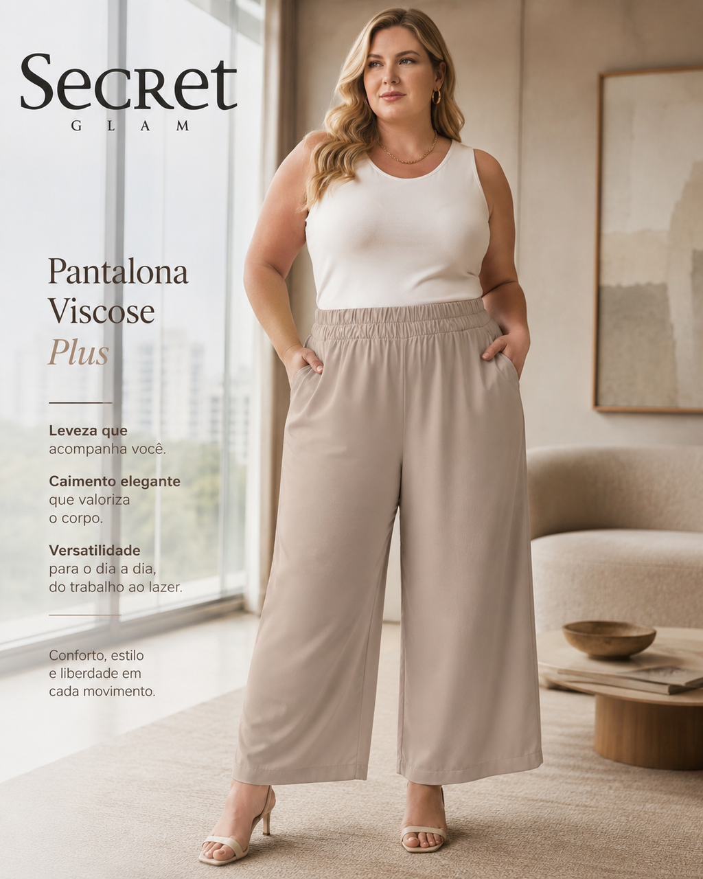 Calça Feminina Pantalona Viscose Secret S02134