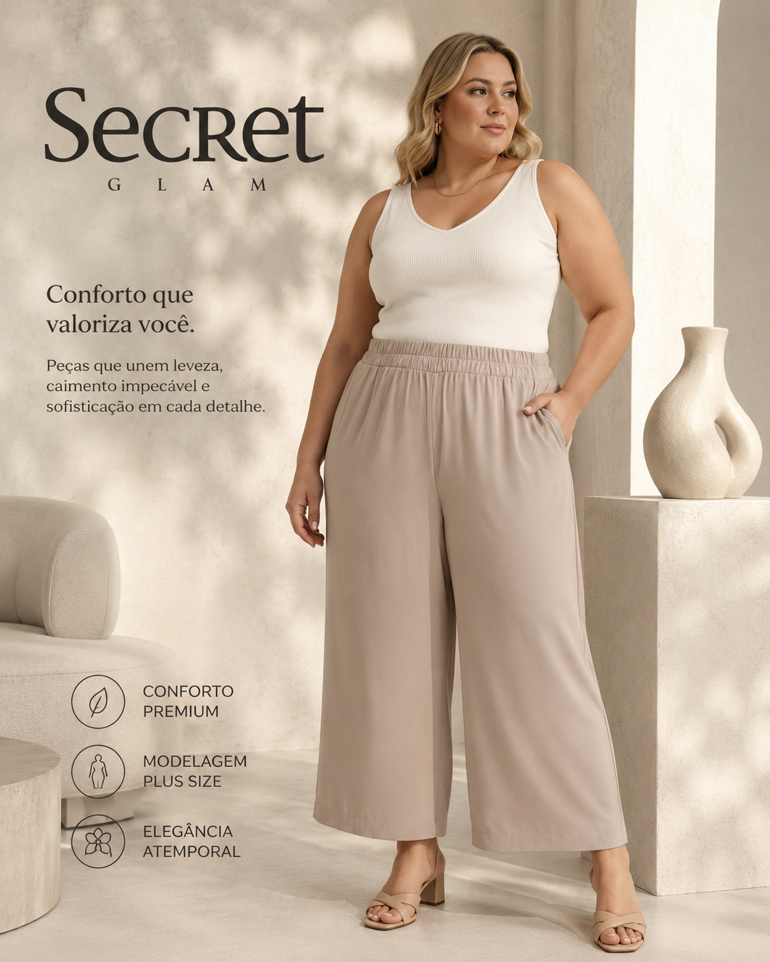 Calça Feminina Pantalona Viscose Secret S02134