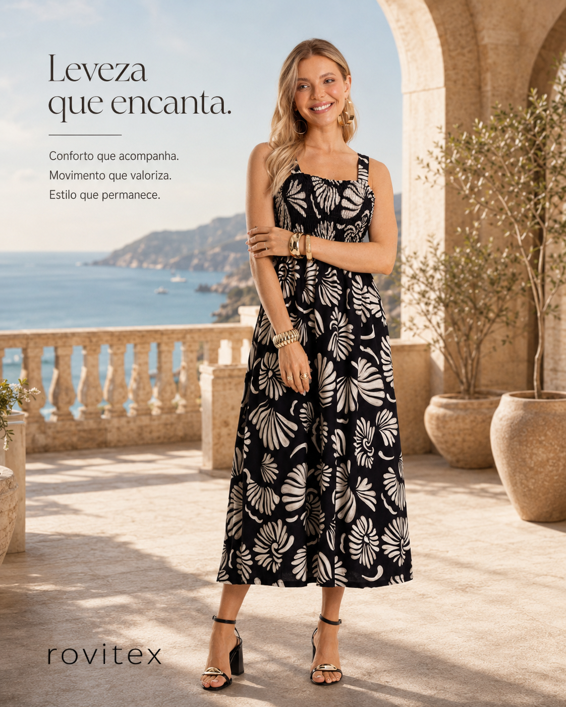 Vestido tido Midi Feminino Meia Malha Estampado Rovitex 6177025