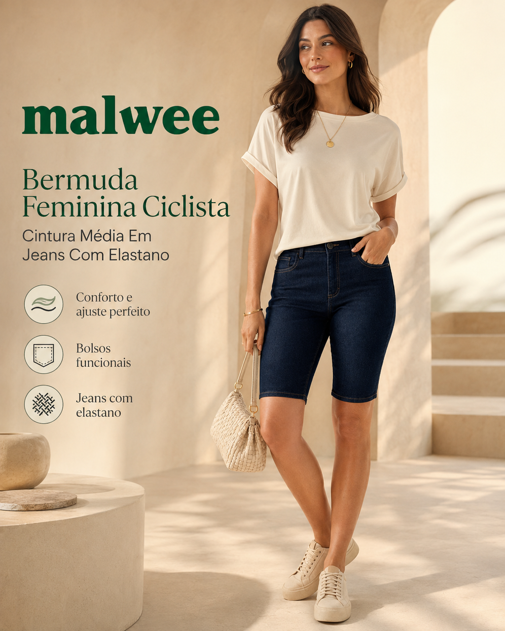 Bermuda Feminina Ciclista Cintura Média Em Jeans Com Elastano 1000125724
