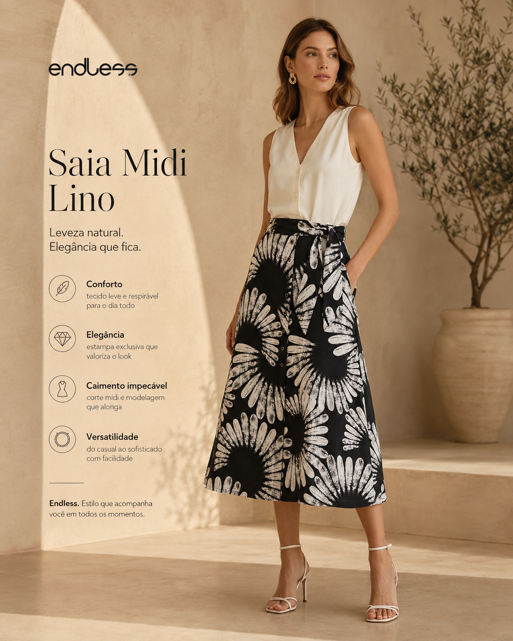 Saia Feminina Midi Evasê Linho Estampada Endless E16040