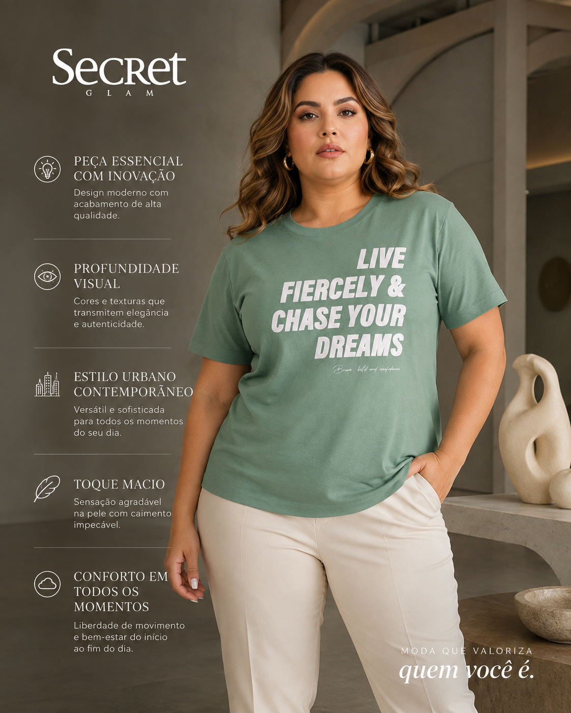 T-Shirt Feminina E Estampa Meia Malha Secret Glam S02123