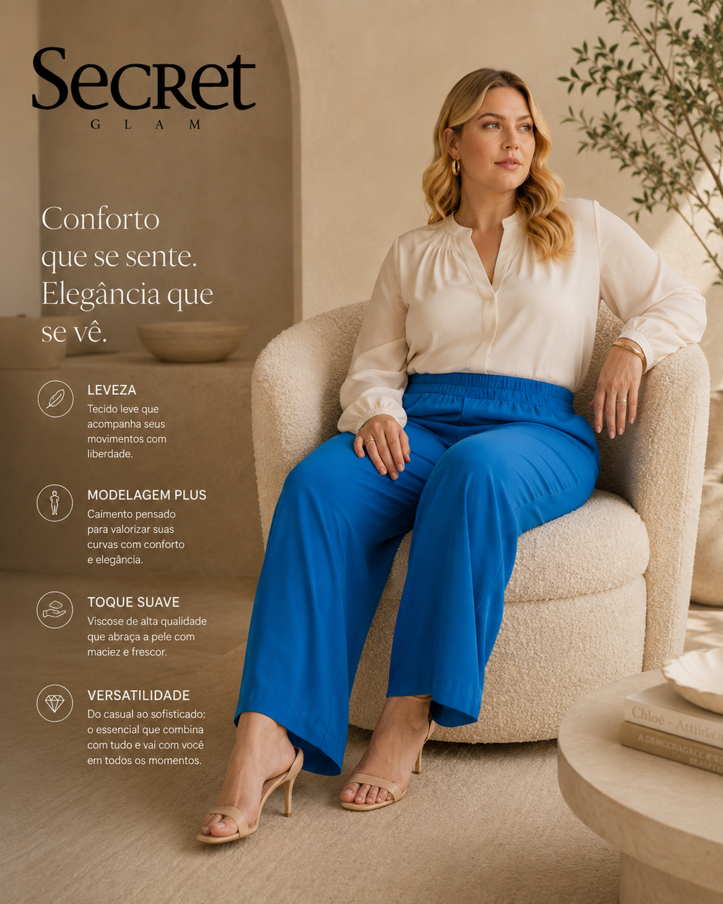 Calça Feminina Pantalona Viscose Secret Glam S02134