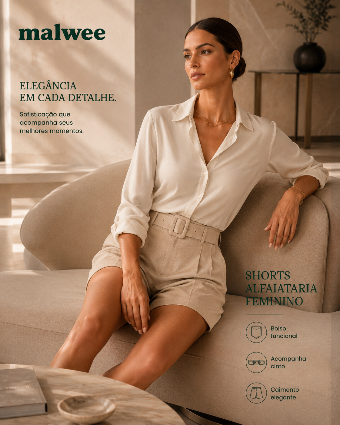 Shorts Alfaiataria Feminino Bolso Funcional E Acompanha Cinto