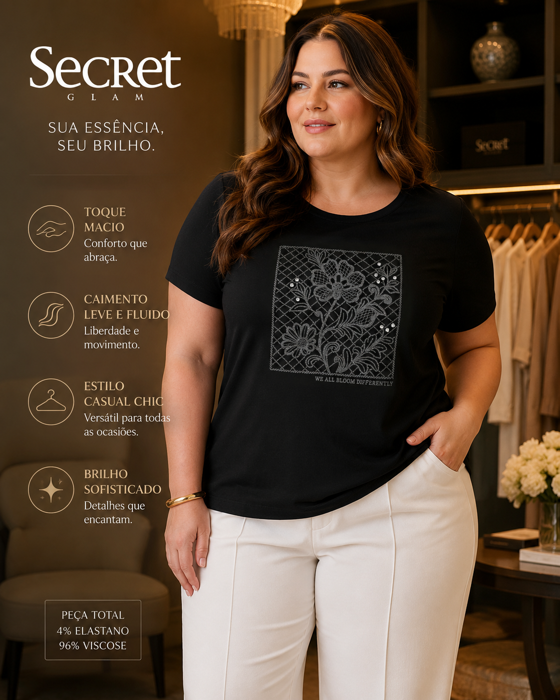 Blusa Feminina Manga Curta Com Estampa Secret Glam S02136