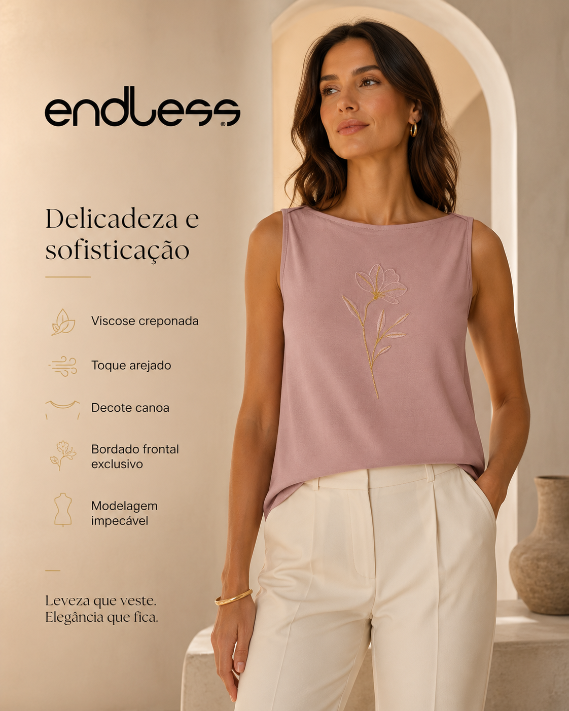 Regata Feminina Com Bordado Decote Canoa Endelss E16060