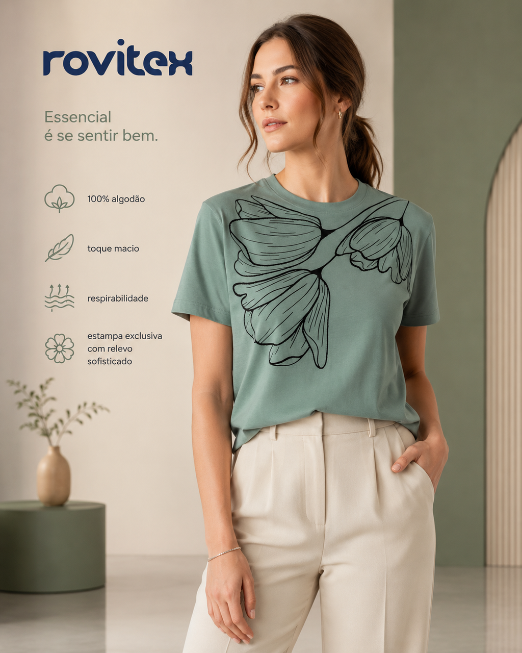 Camiseta Feminina Meia Malha Com Estampa Rovitex 6177635