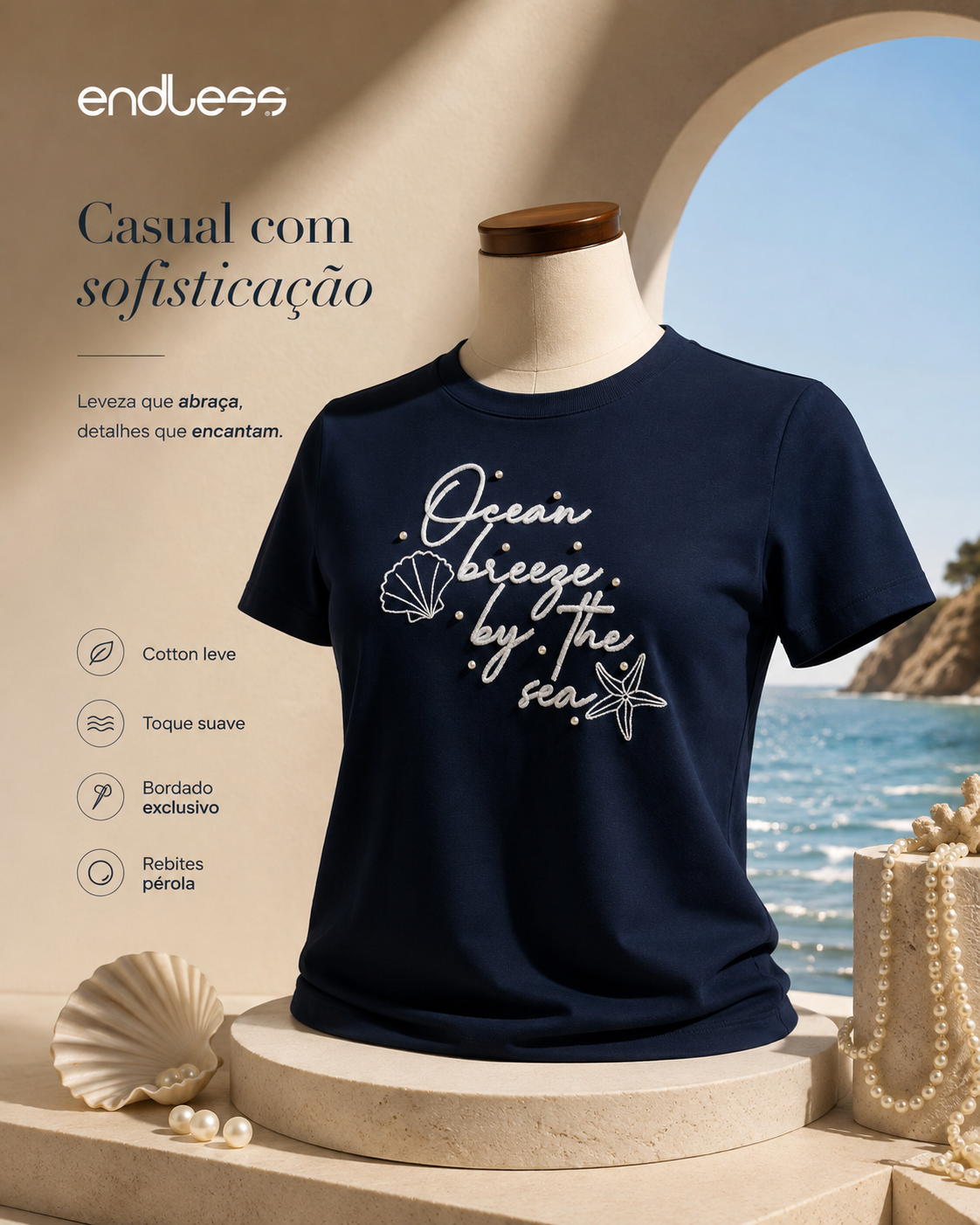 T-Shirt Feminina Com Rebite e Bordado Endless E16099