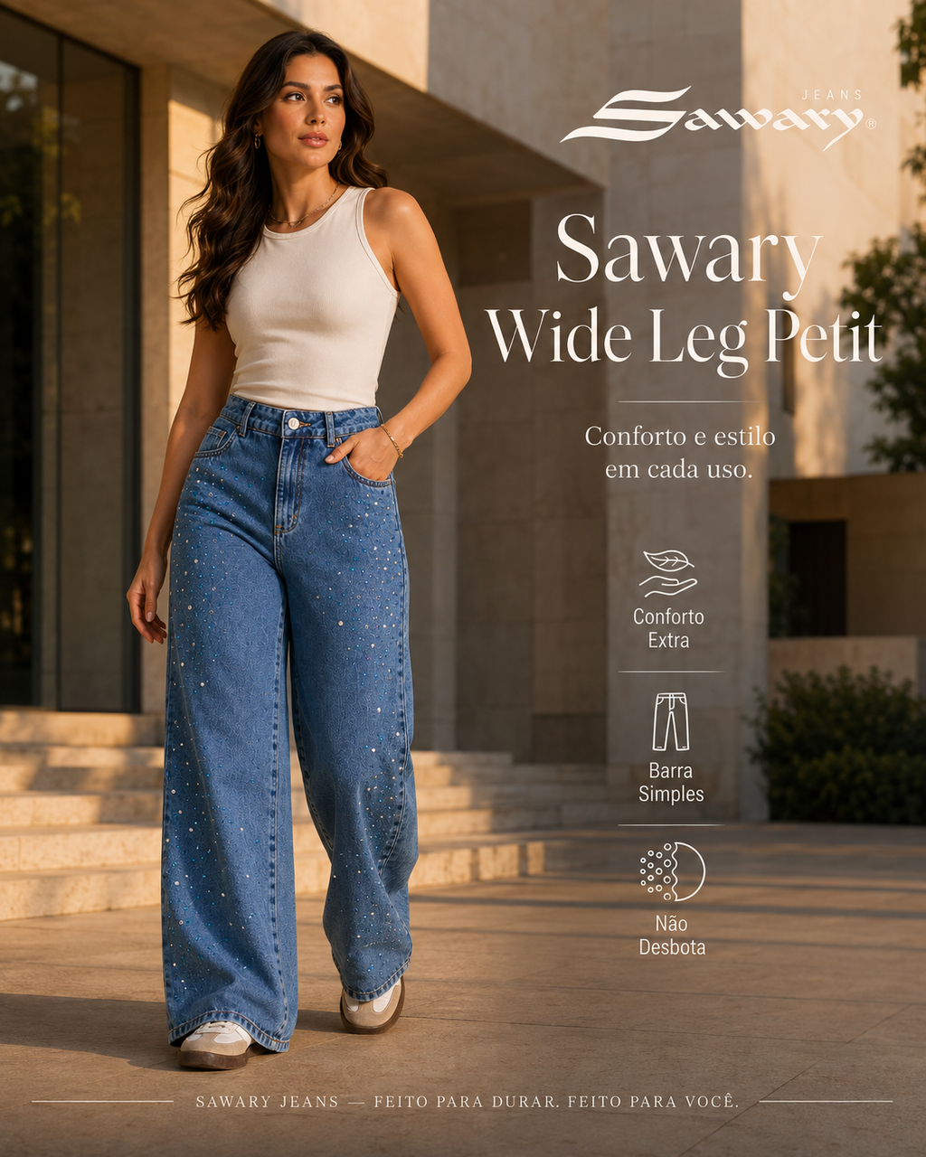 Calça Jeans Sawary Wide Leg Petit Brilho - 283723 (No Lycra)