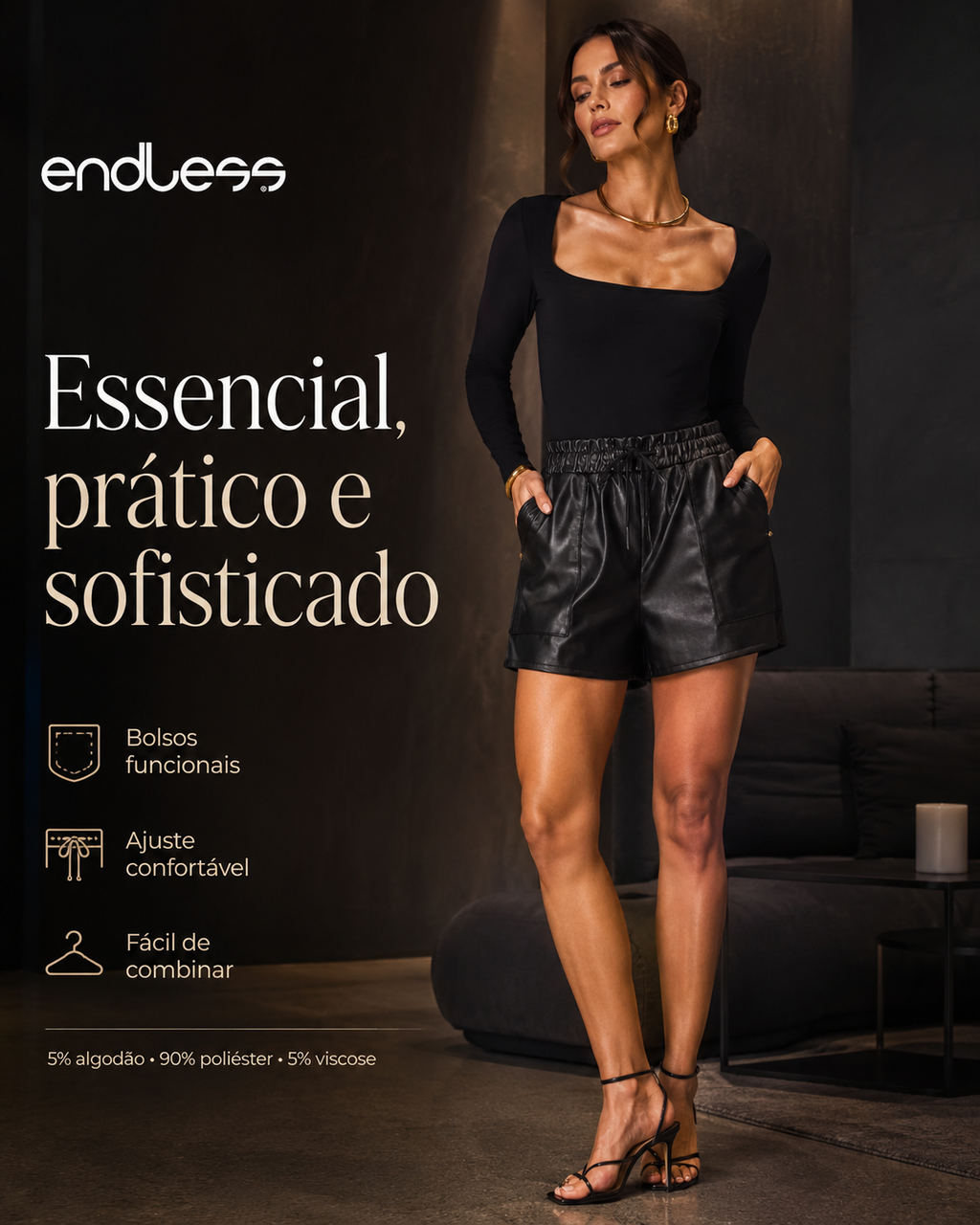 Shorts Feminino PU Sintético Endless Bege E15121
