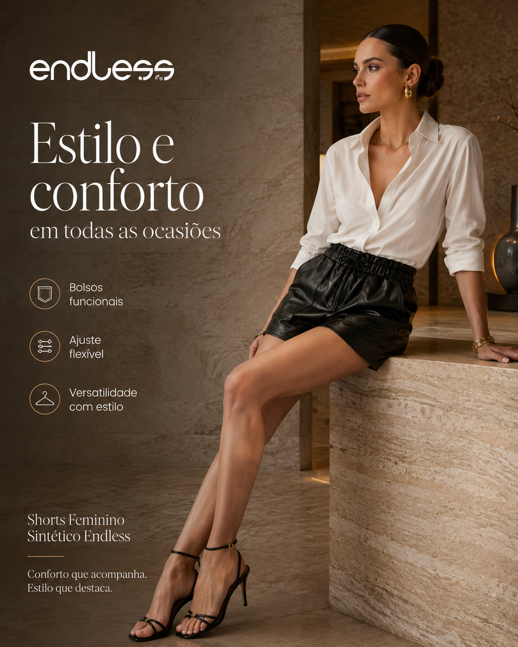 Shorts Feminino PU Sintético Endless Bege E15121