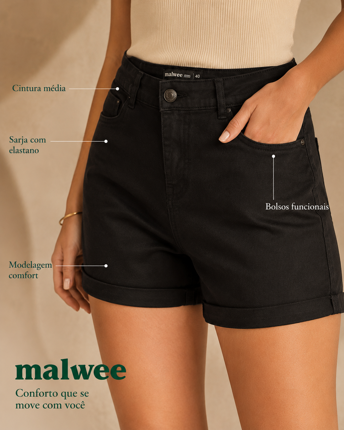 Bermuda Feminina Comfort Cintura Média Em Sarja Com Elastano
Ref.: 1000126708