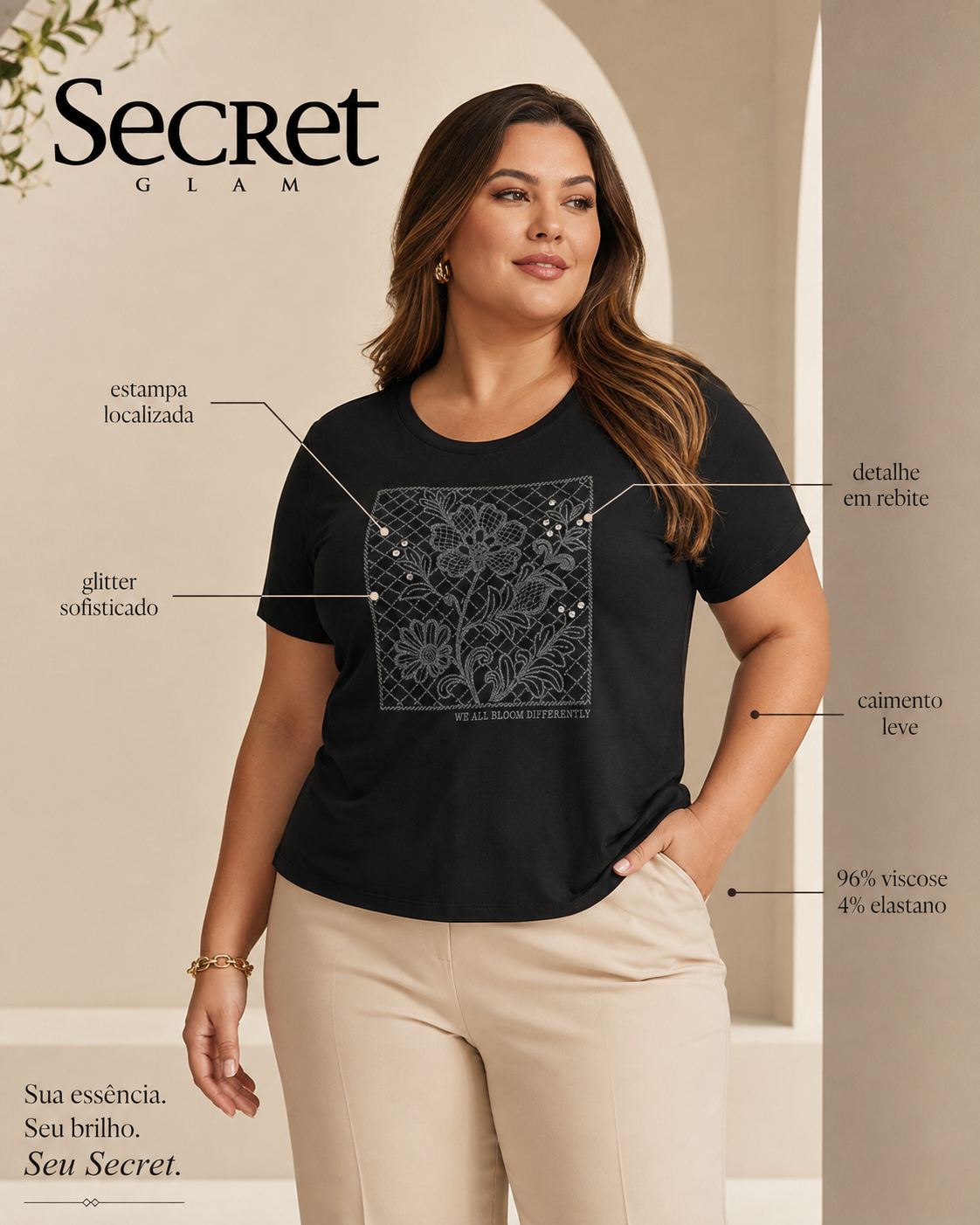 Blusa Feminina Manga Curta Com Estampa Secret Glam S02136