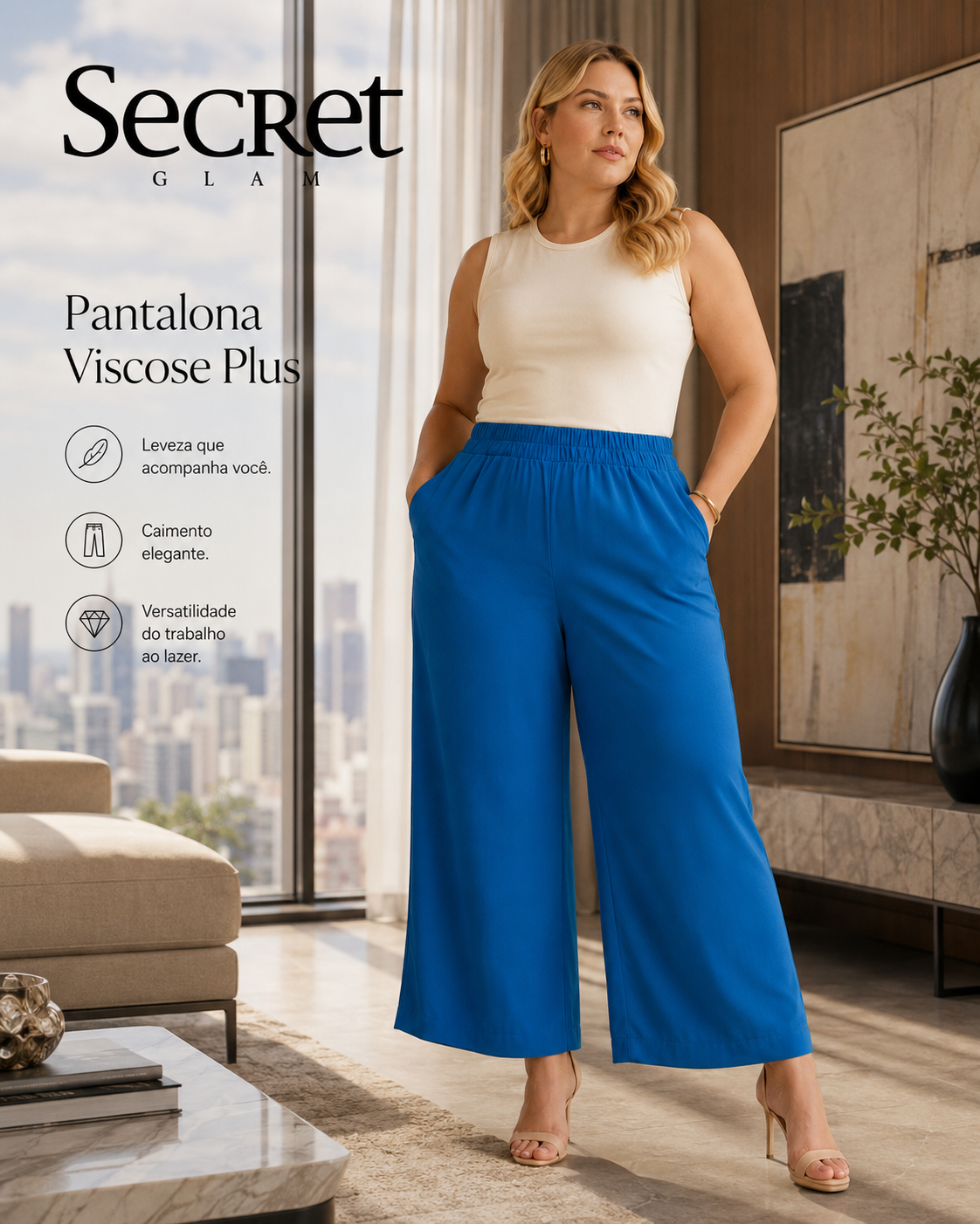 Calça Feminina Pantalona Viscose Secret Glam S02134