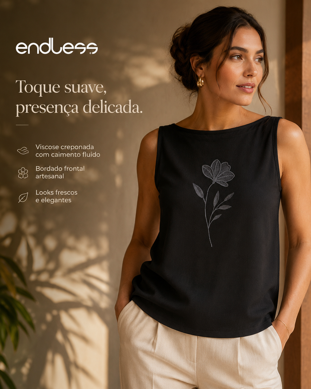 Regata Feminina Com Bordado Decote Canoa Endelss E16060