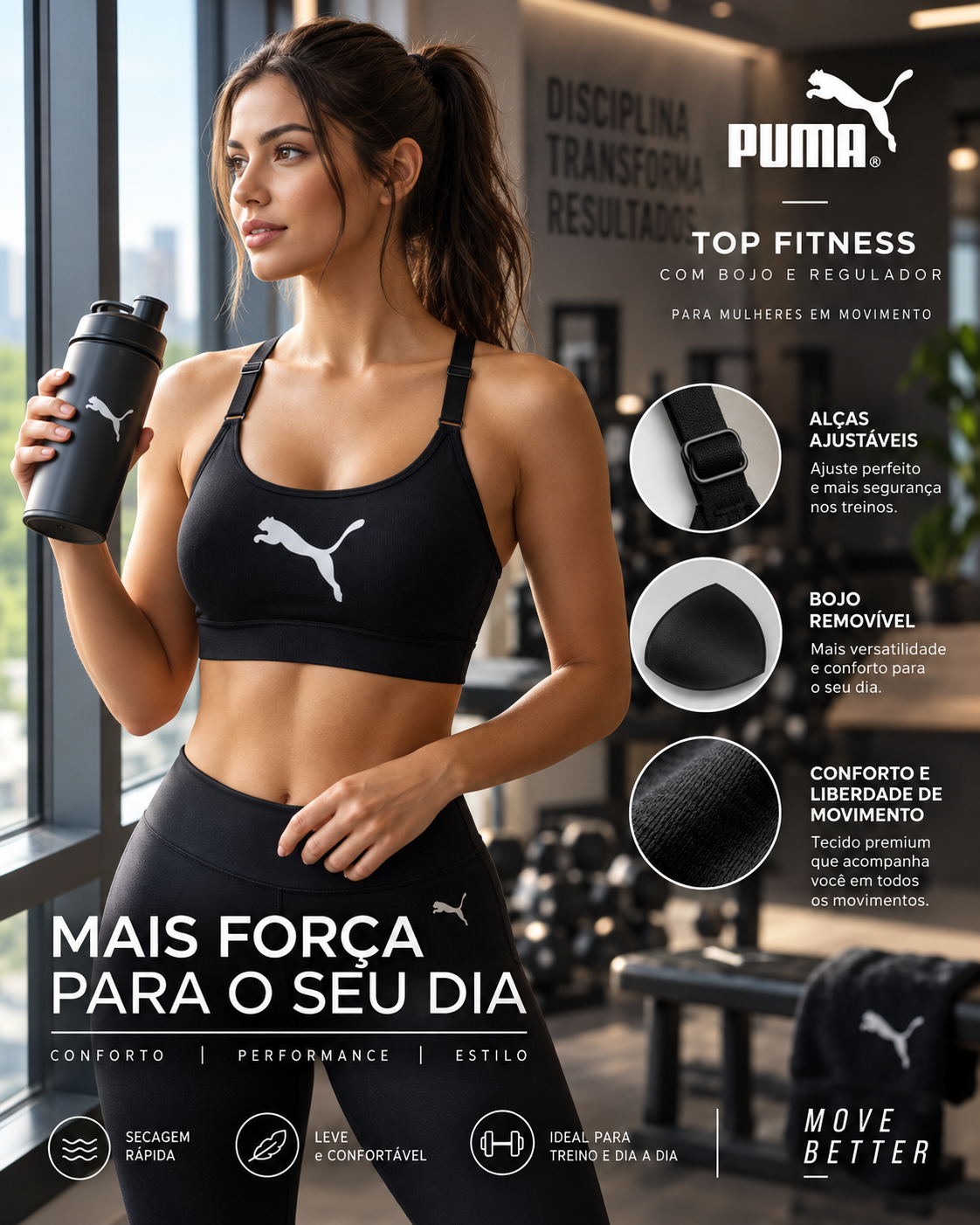 Top puma com bojo ajustable