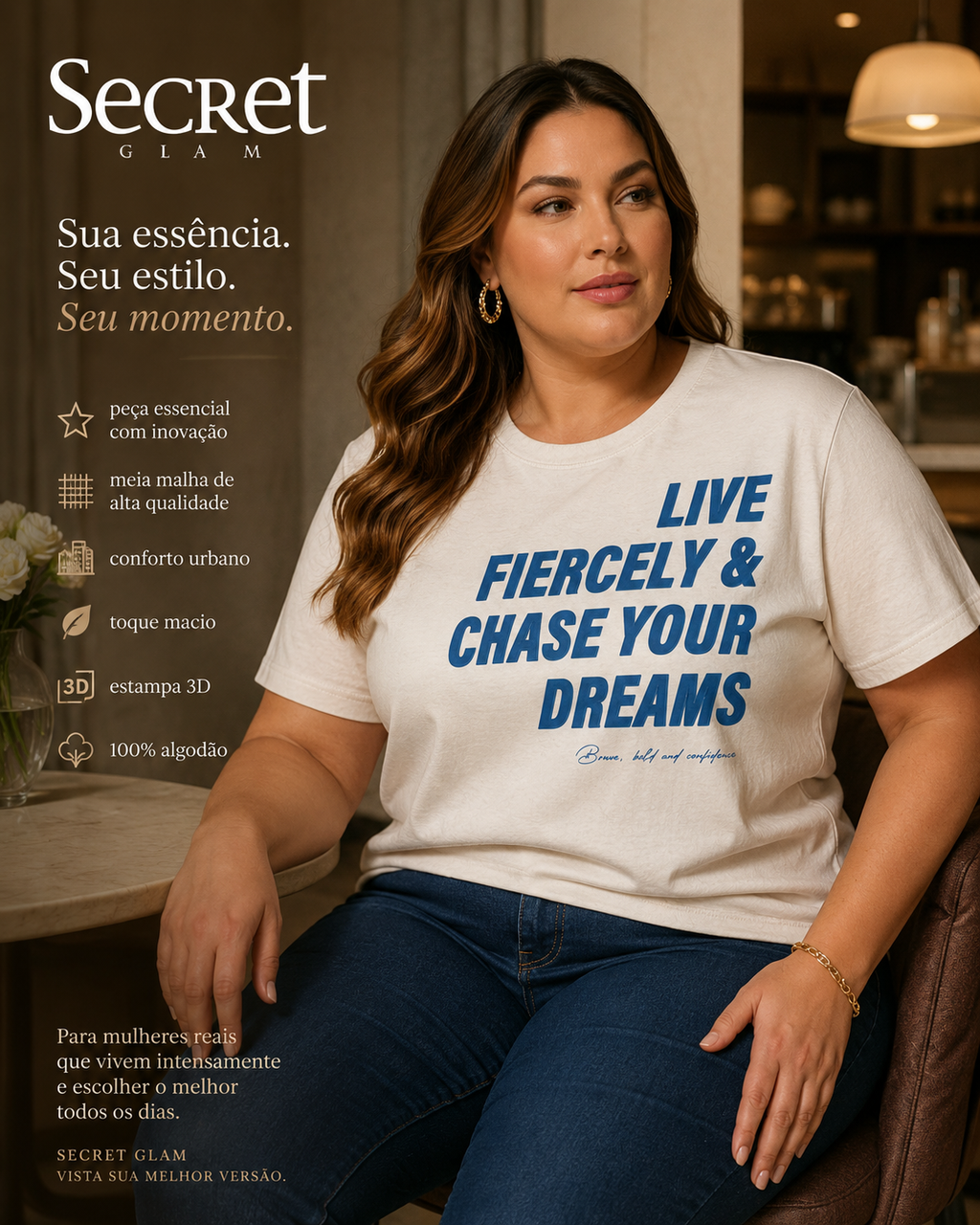 T-Shirt Feminina E Estampa Meia Malha Secret Glam S02123