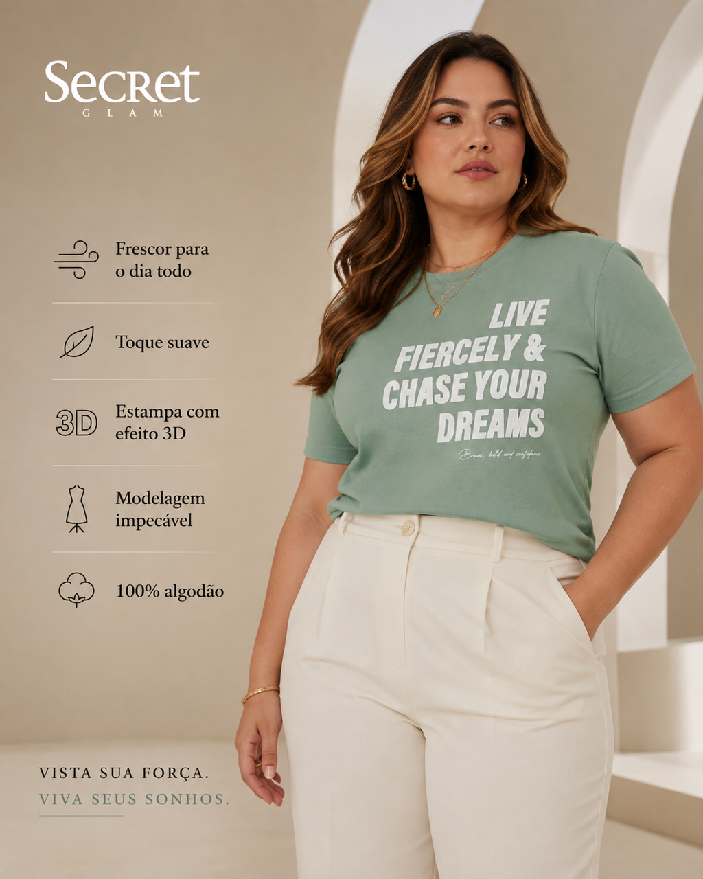 T-Shirt Feminina E Estampa Meia Malha Secret Glam S02123