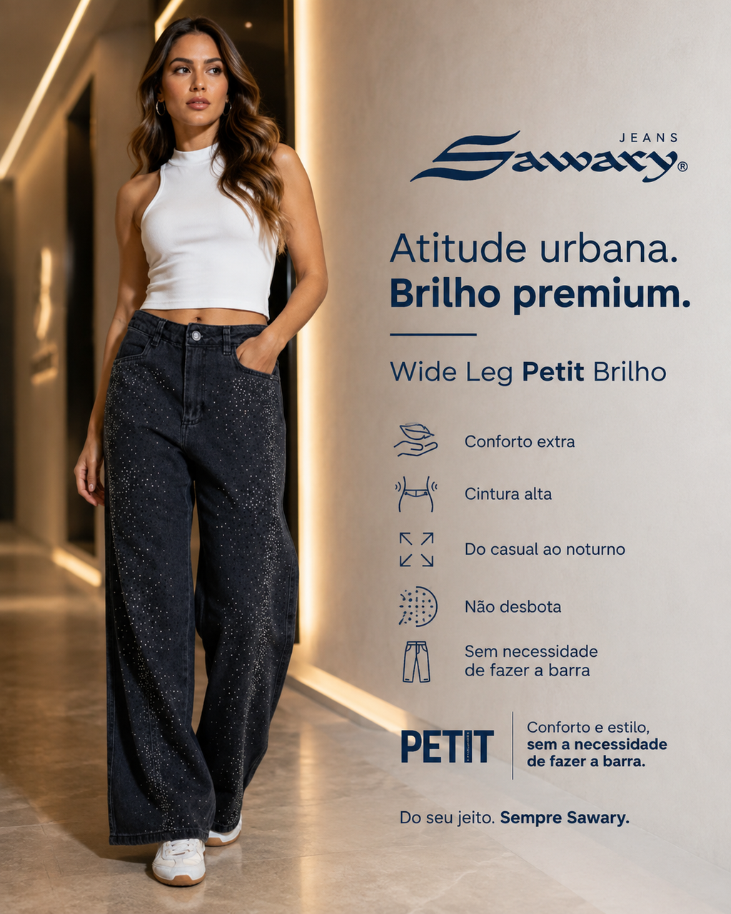 Calça Jeans Sawary Wide Leg Petit Brilho - 283313 (No Lycra)