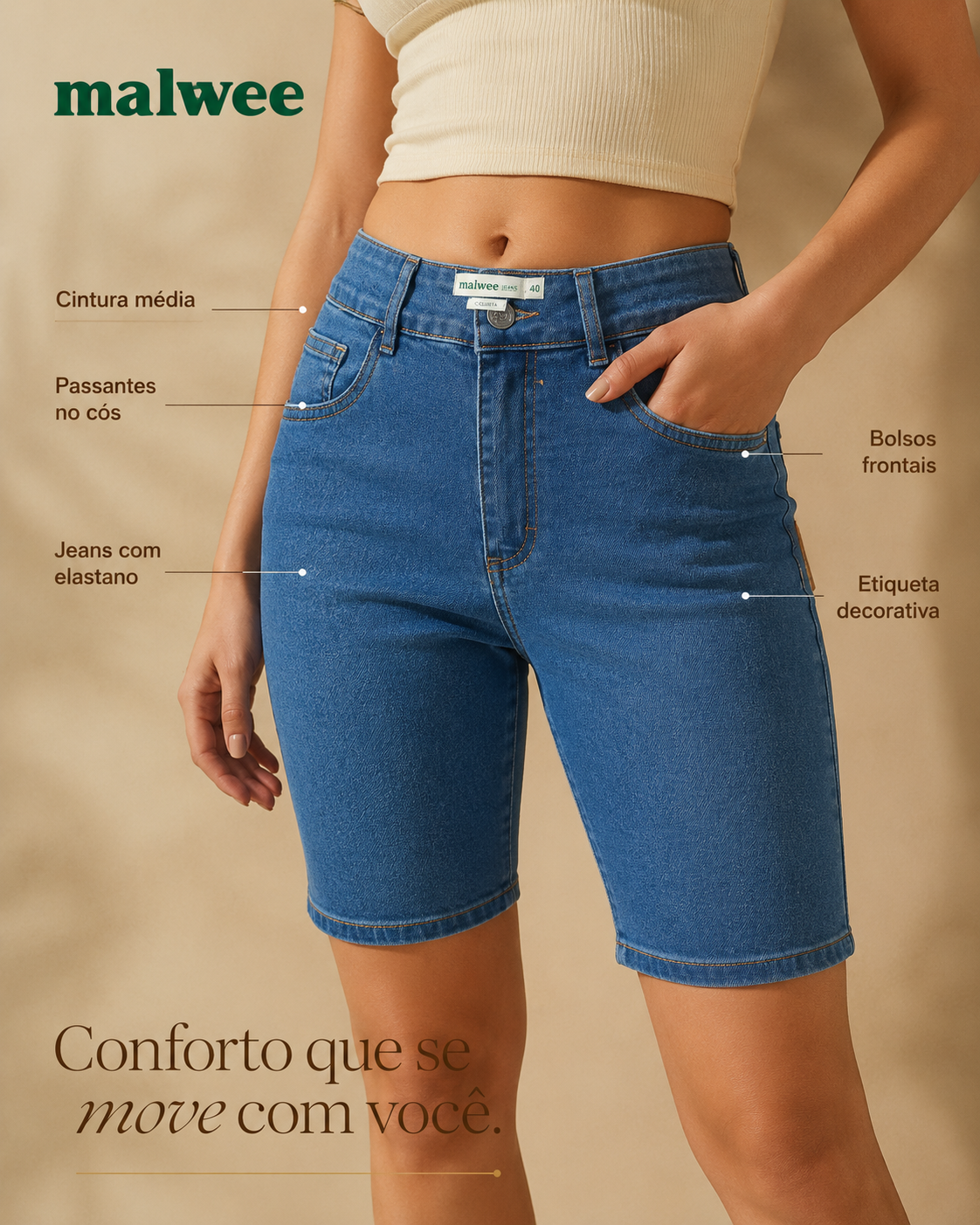 Bermuda Feminina Ciclista Cintura Média Em Jeans Com Elastano 1000125724
