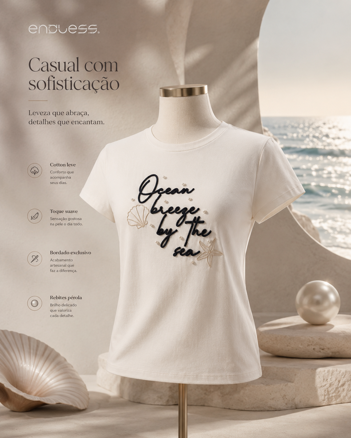 T-Shirt Feminina Com Rebite e Bordado Endless E16099