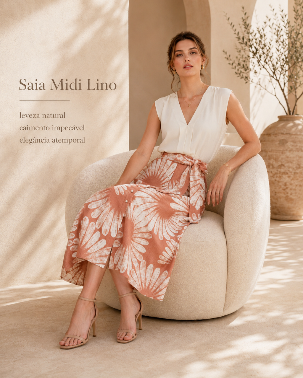 Saia Feminina Midi Evasê Linho Estampada Endless E16040