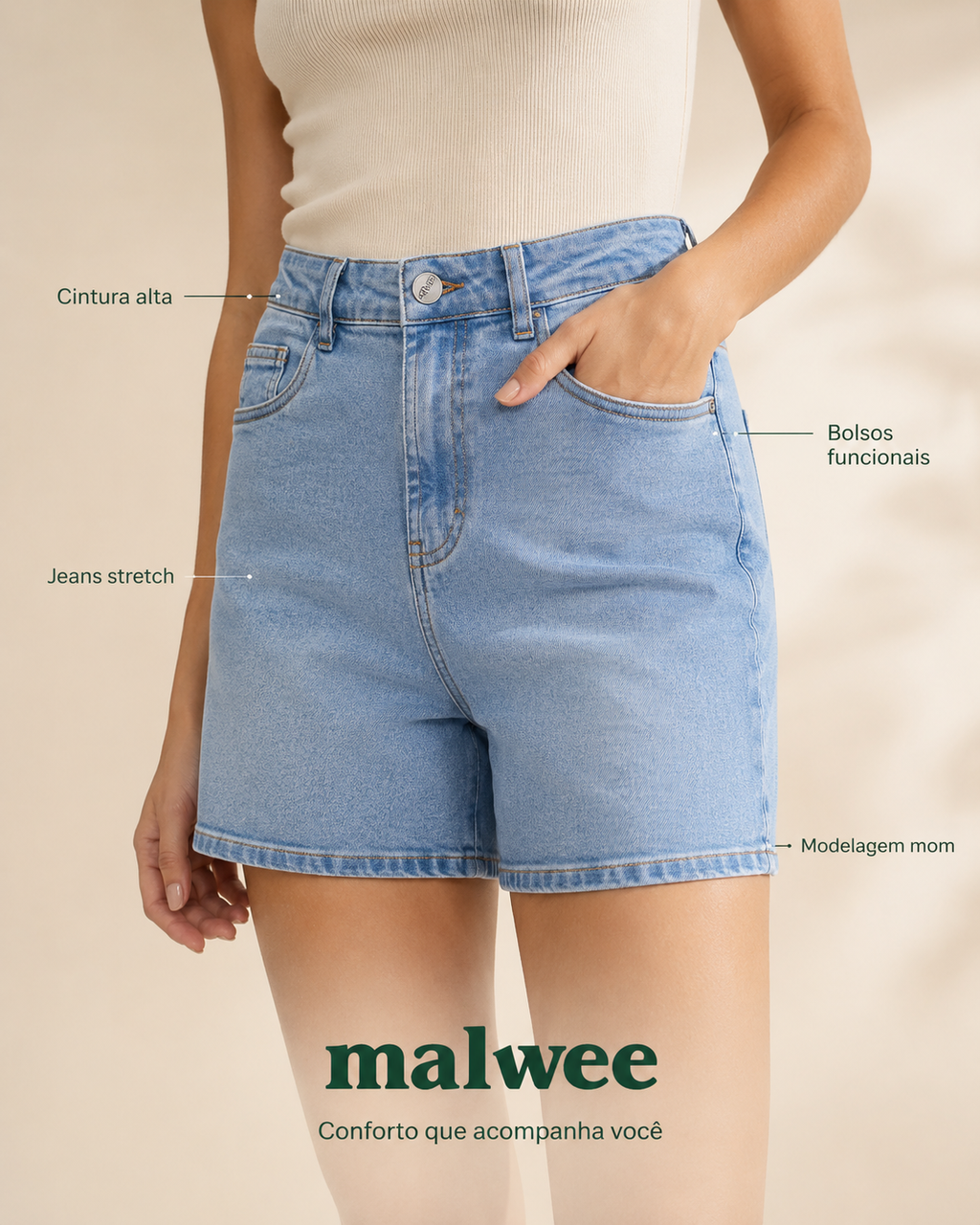 Shorts Feminino Mom Cintura Alta Bolso Funcional Em Jeans Stretch - ENFIM 1000129793