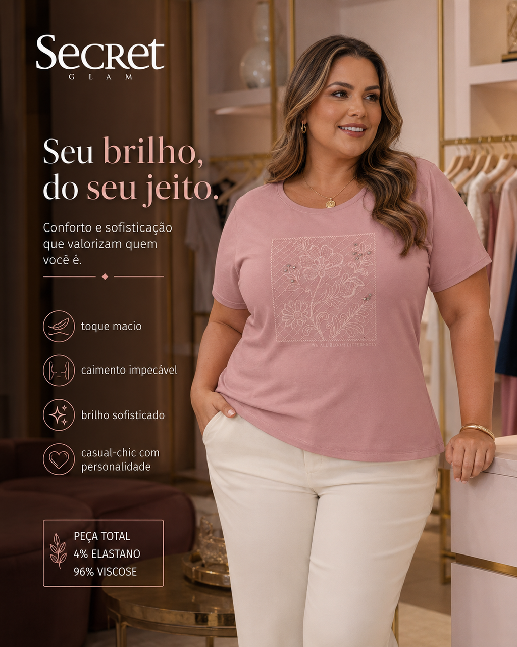 Blusa Feminina Manga Curta Com Estampa Secret Glam S02136
