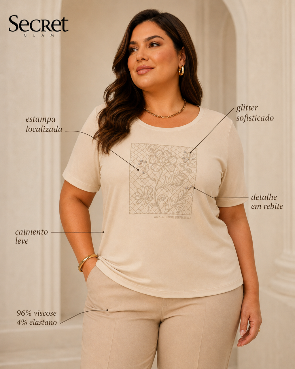Blusa Feminina Manga Curta Com Estampa Secret Glam S02136