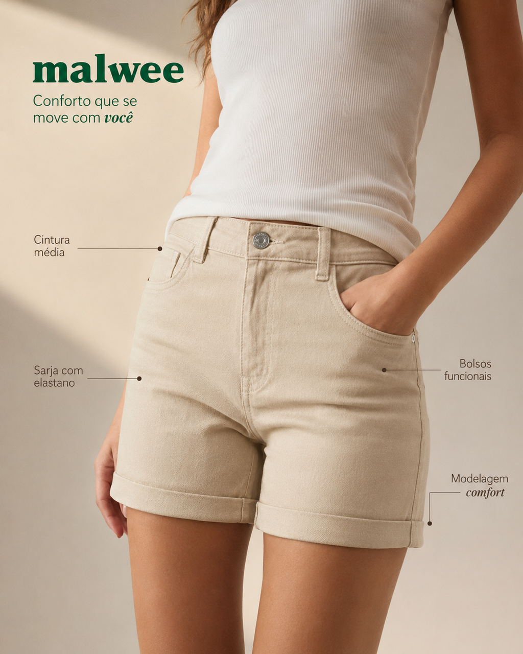 Bermuda Feminina Comfort Cintura Média Em Sarja Com Elastano Ref.: 1000126708