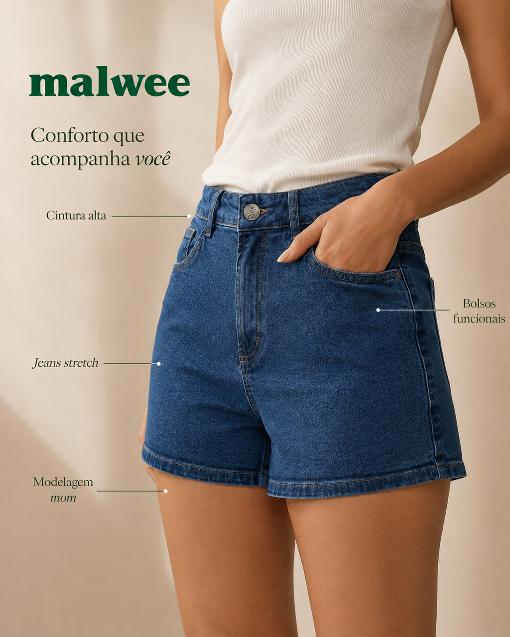 Shorts Feminino Mom Cintura Alta Bolso Funcional Em Jeans Stretch - ENFIM 1000129793