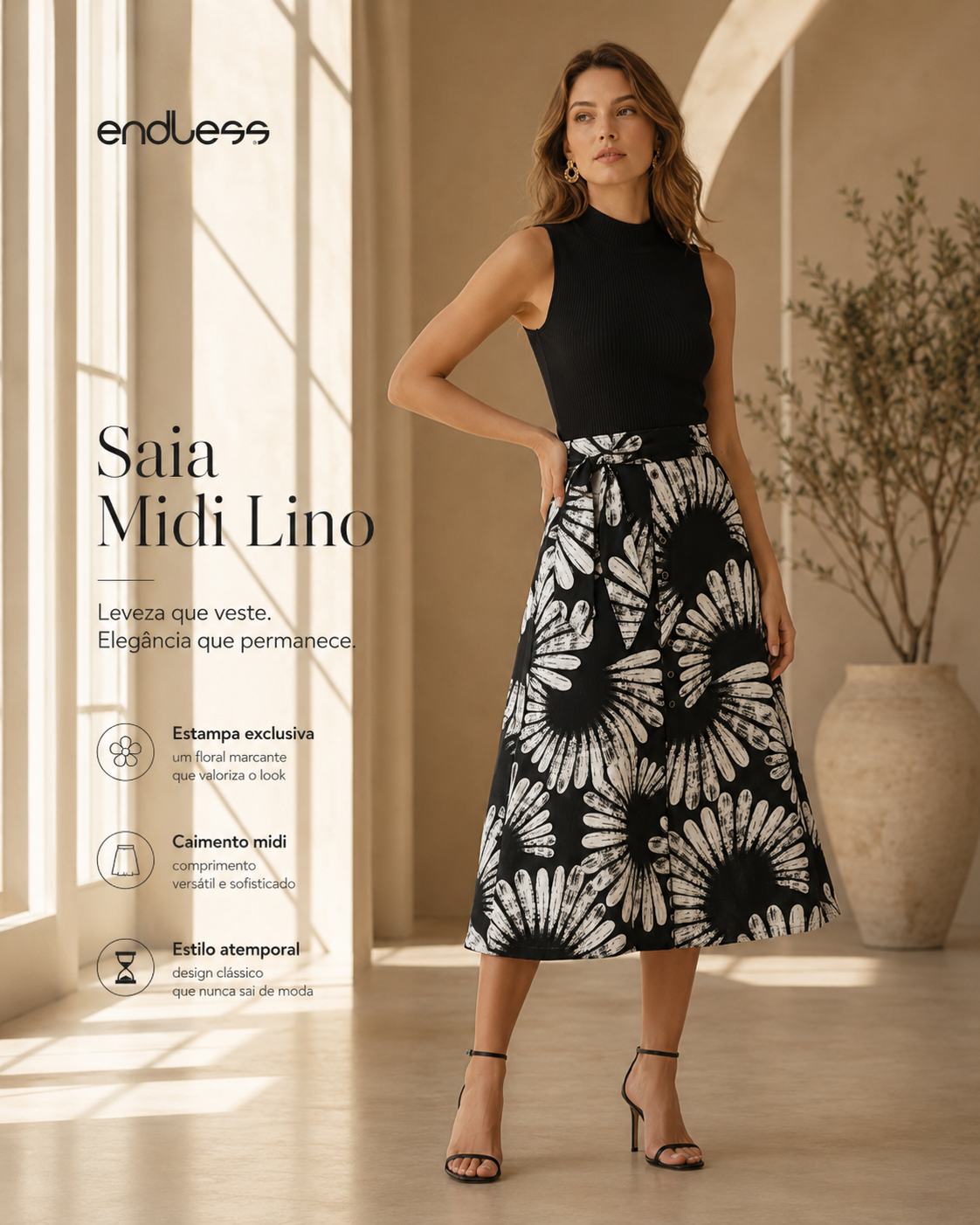 Saia Feminina Midi Evasê Linho Estampada Endless E16040