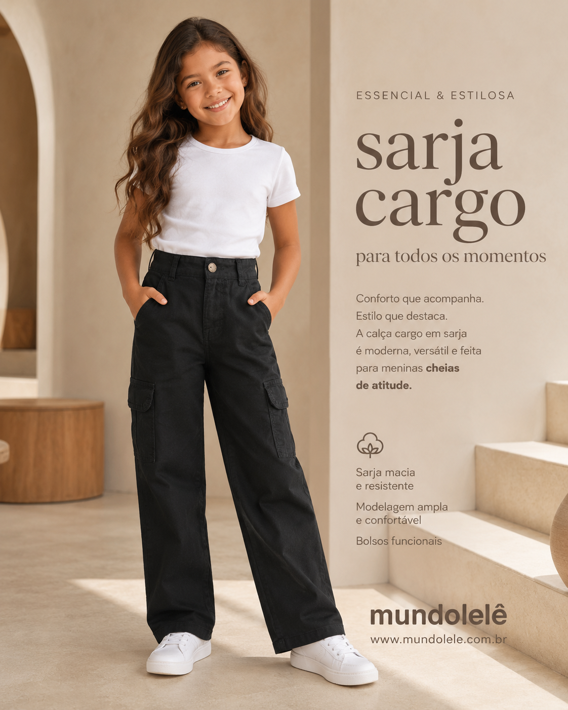 Pantalón de Gabardina Wide Leg Cargo