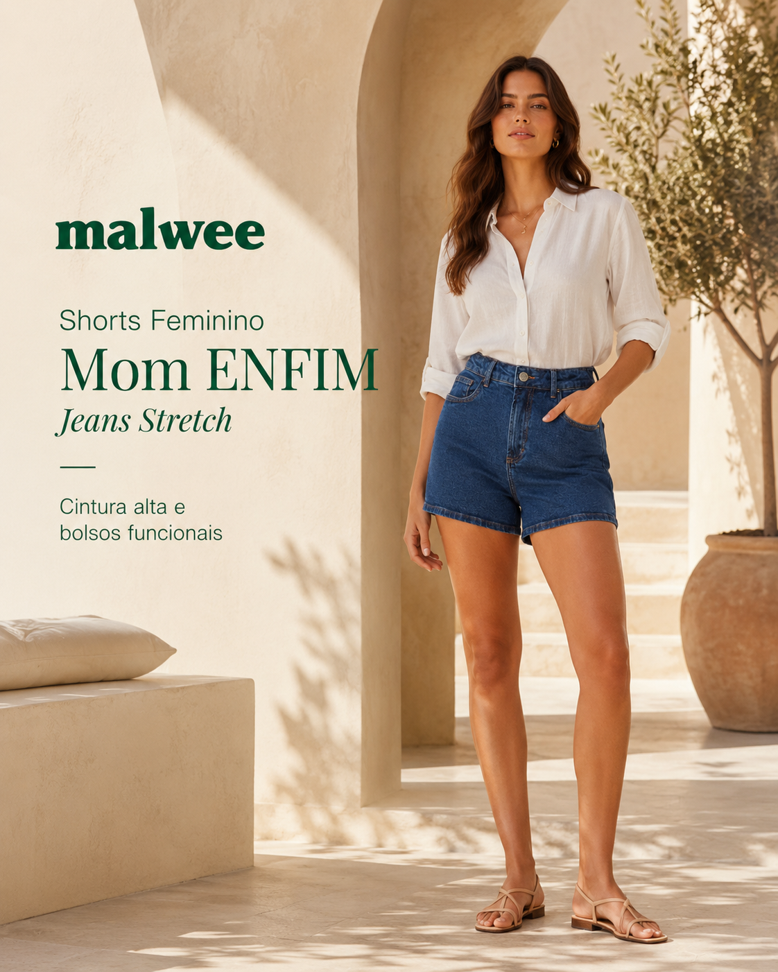 Shorts Feminino Mom Cintura Alta Bolso Funcional Em Jeans Stretch - ENFIM 1000129793