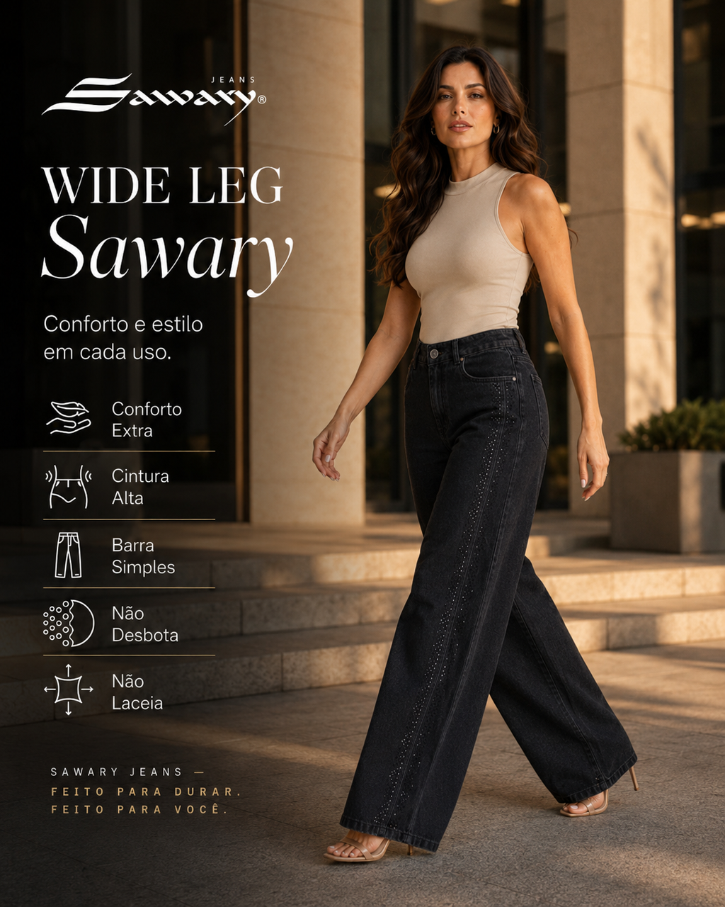 Calça Jeans Sawary Wide Leg Petit Brilho - 283571 (No Lycra)