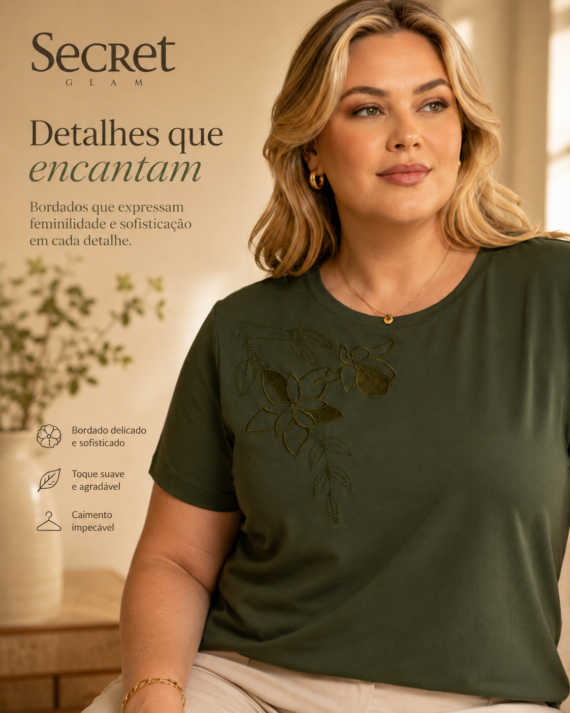 Blusa Feminina Manga Curta Com Bordado Secret Glam Verde