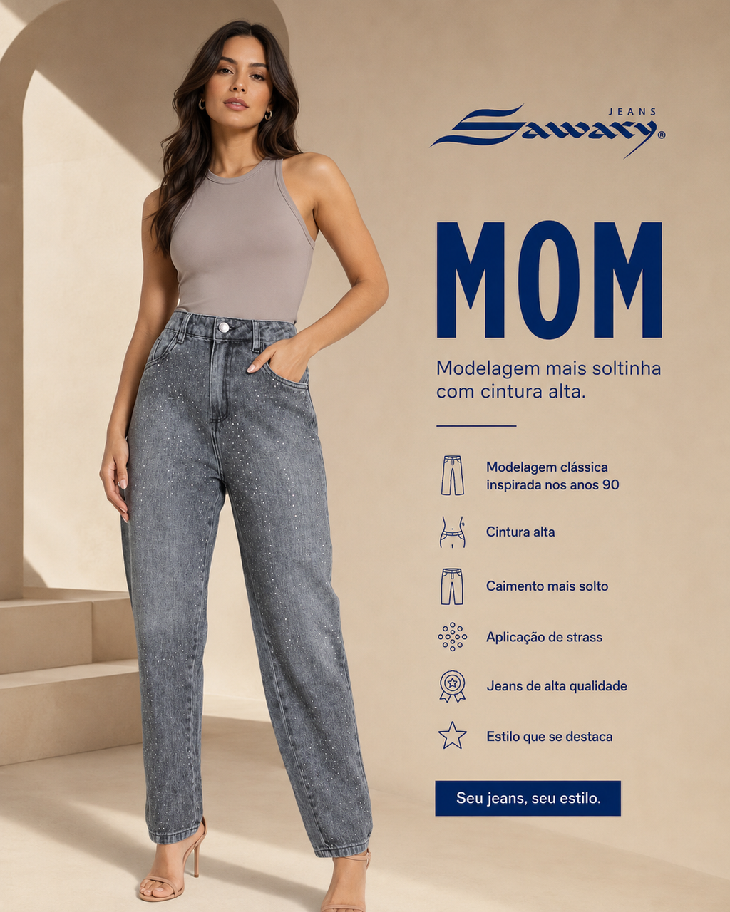 Calça Jeans Sawary Mom Brilho - 283423 (No Lycra)