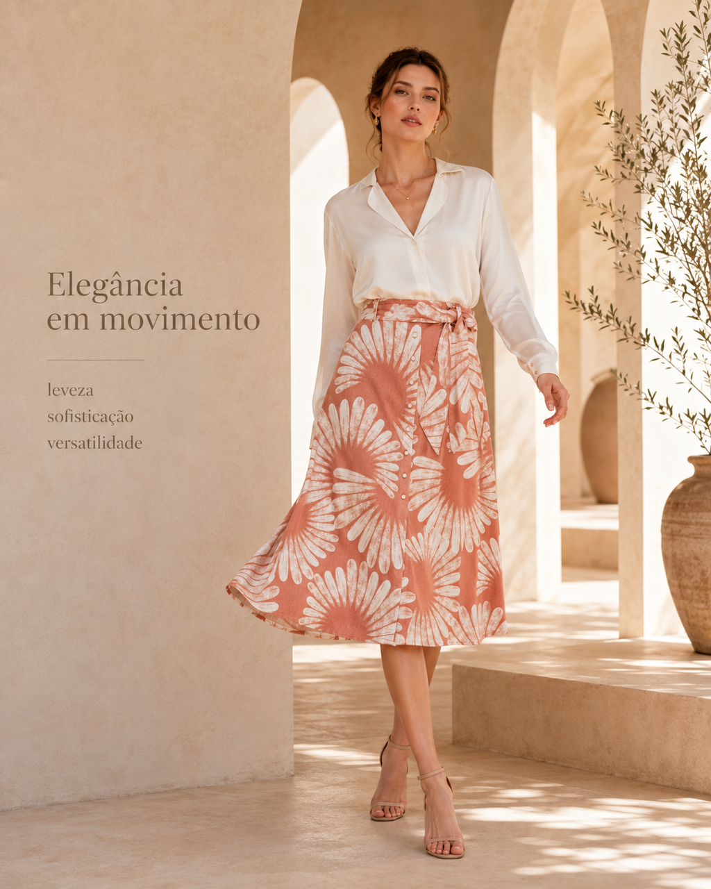 Saia Feminina Midi Evasê Linho Estampada Endless E16040