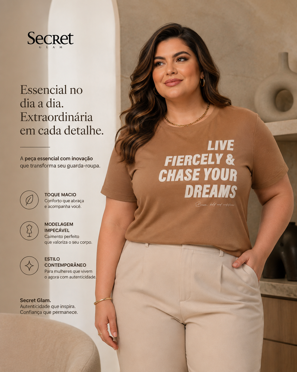T-Shirt Feminina E Estampa Meia Malha Secret Glam S02123