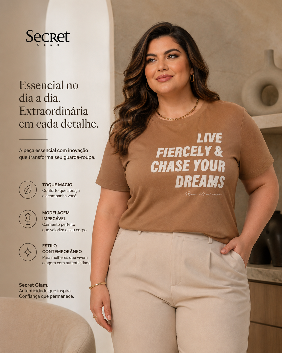 T-Shirt Feminina E Estampa Meia Malha Secret Glam S02123