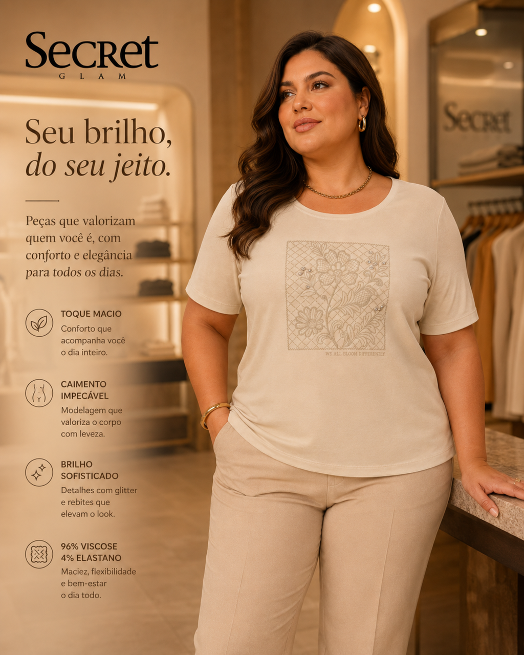 Blusa Feminina Manga Curta Com Estampa Secret Glam S02136