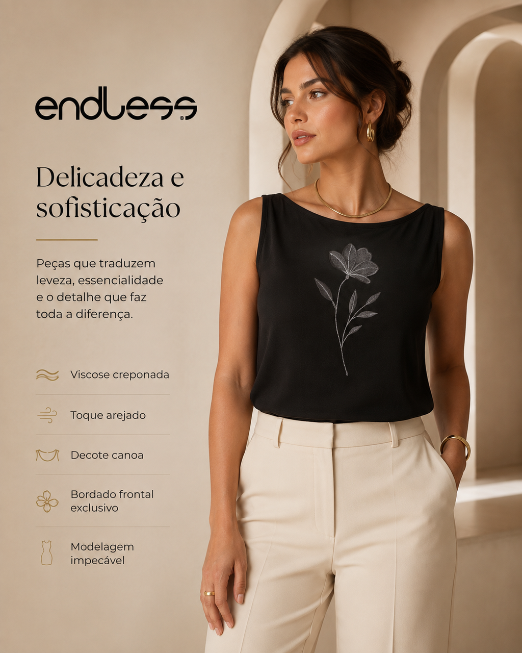 Regata Feminina Com Bordado Decote Canoa Endelss E16060
