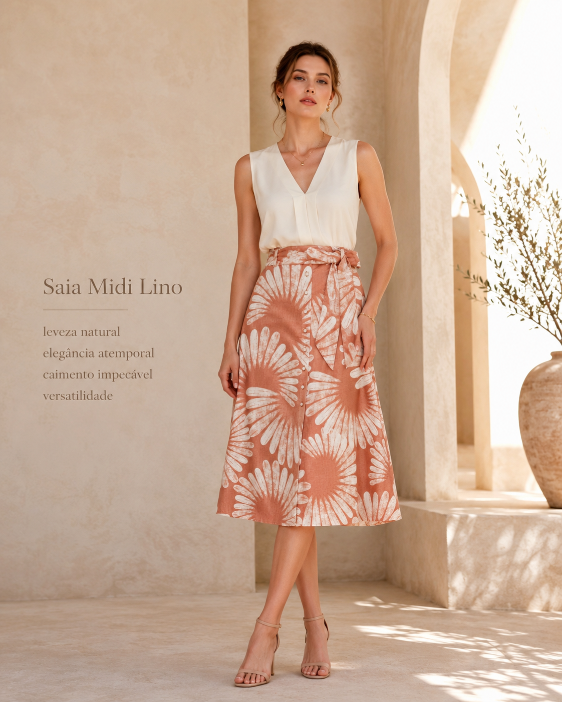 Saia Feminina Midi Evasê Linho Estampada Endless E16040