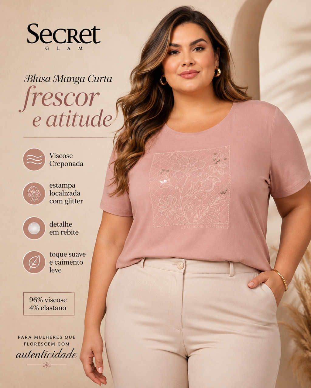 Blusa Feminina Manga Curta Com Estampa Secret Glam S02136