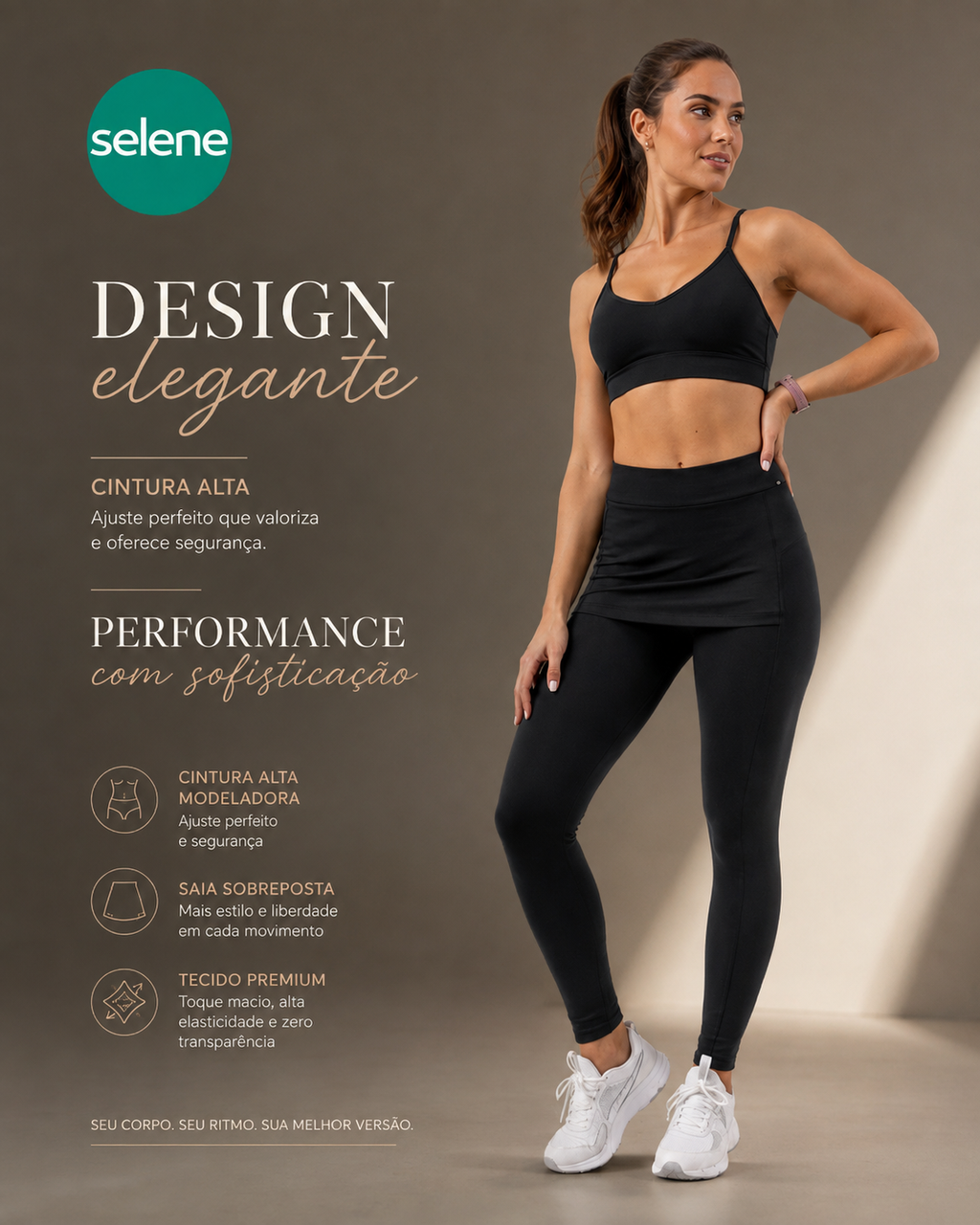 Calça Legging Com Saia Fitness Academia Selene - Preto